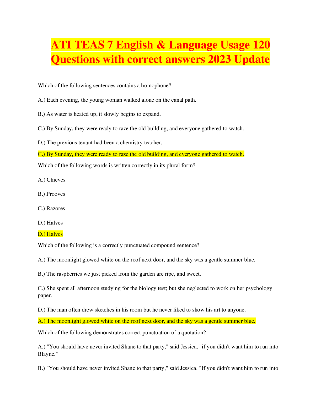 Preview image for ATI TEAS 7 English & Language Usage 120 Questions with correct answers 2023 Update